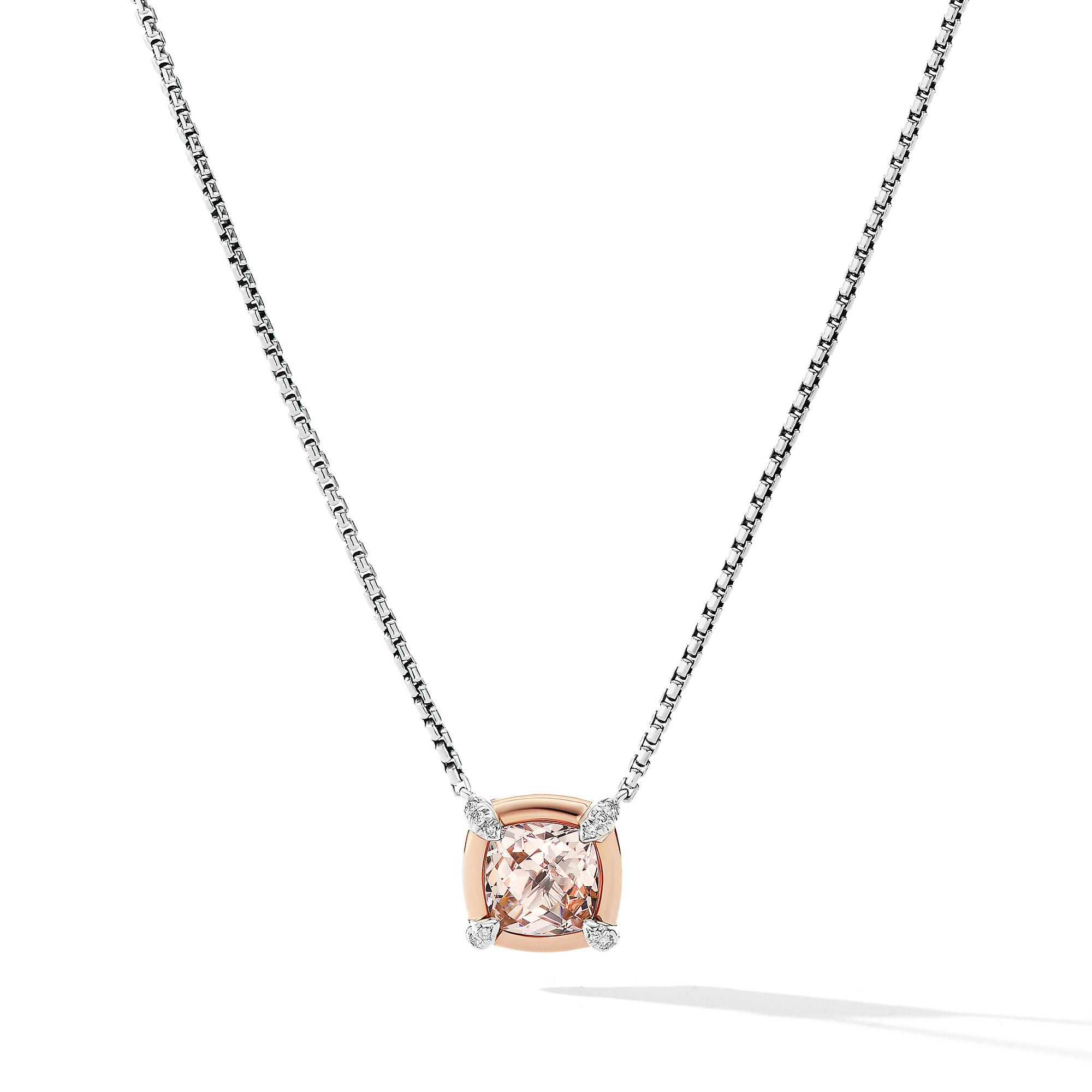 David Yurman Petite Chatelaine  Pendant Necklace with Morganite, 18k Rose Gold Bezel and Pave Diamonds