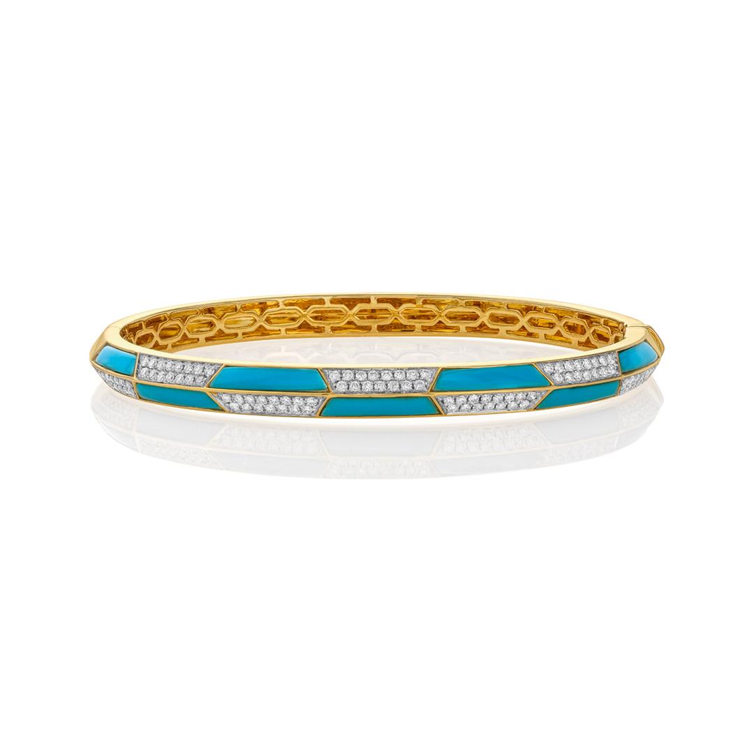 Turquoise and Diamond Yellow Gold Checkerboard Bangle
