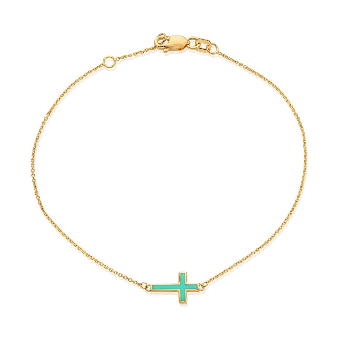 Gold Chain Bracelet with Turquoise Colored Enamel Cross