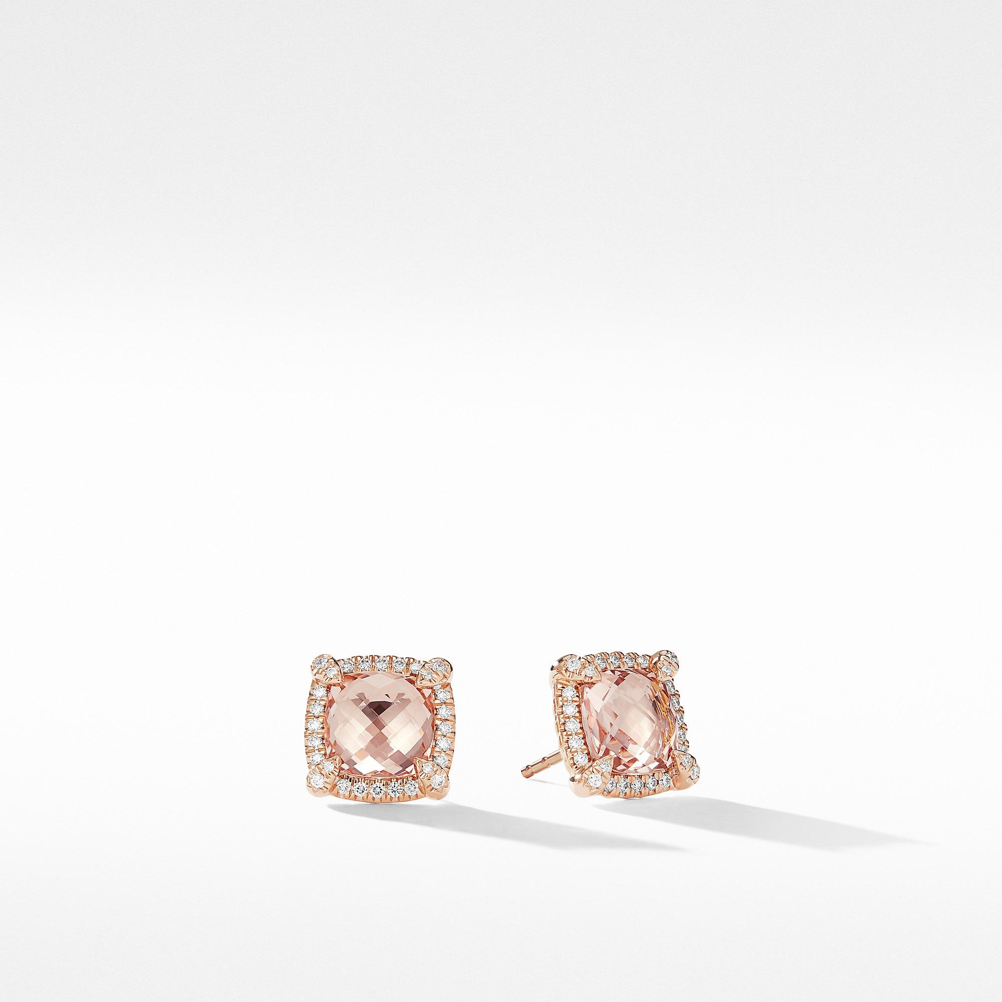 David Yurman Chatelaine Pave Bezel Stud Earrings in 18k Rose Gold with Morganite