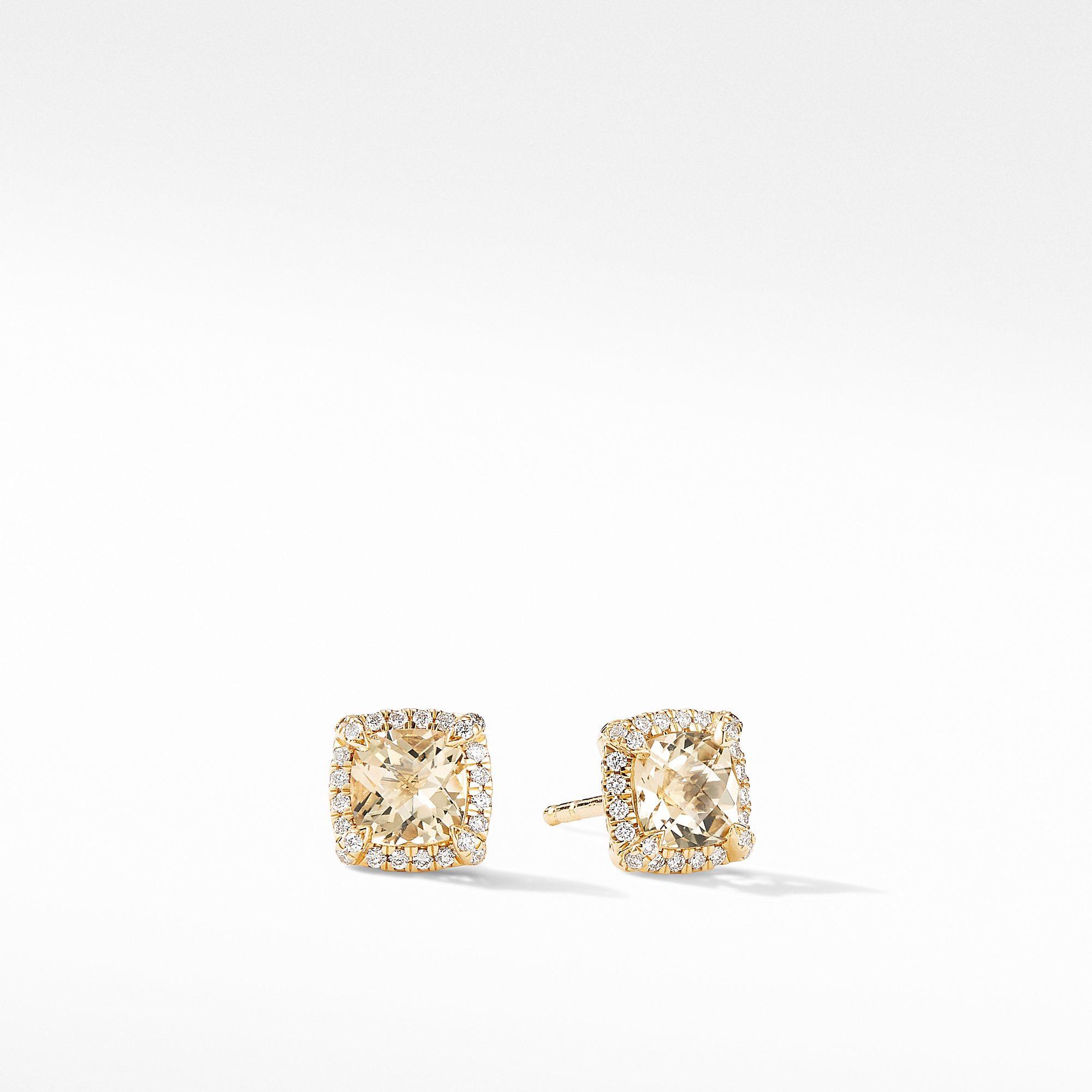 David Yurman Petite Chatelaine Pave Bezel Stud Earrings in 18k Yellow Gold with Champagne Citrine