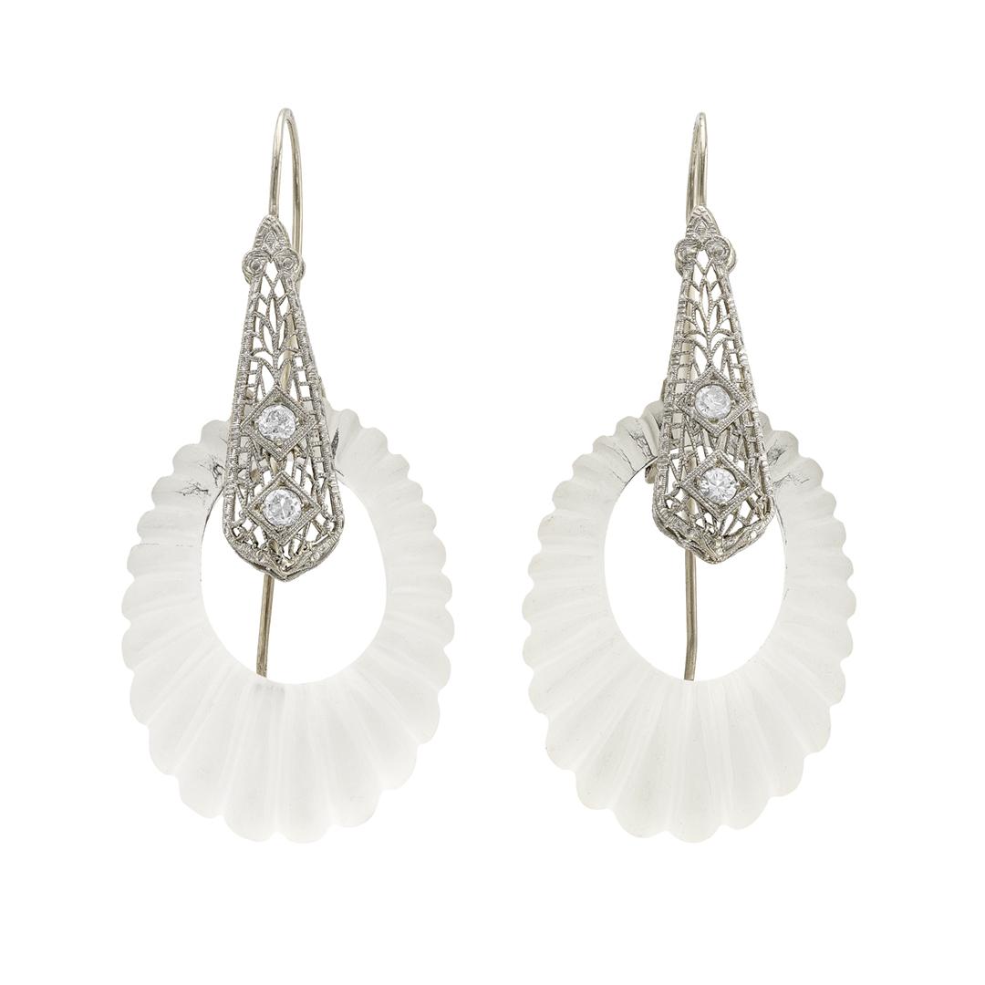 Estate Collection Rock Crystal Drop Earrings with Diamonds 0