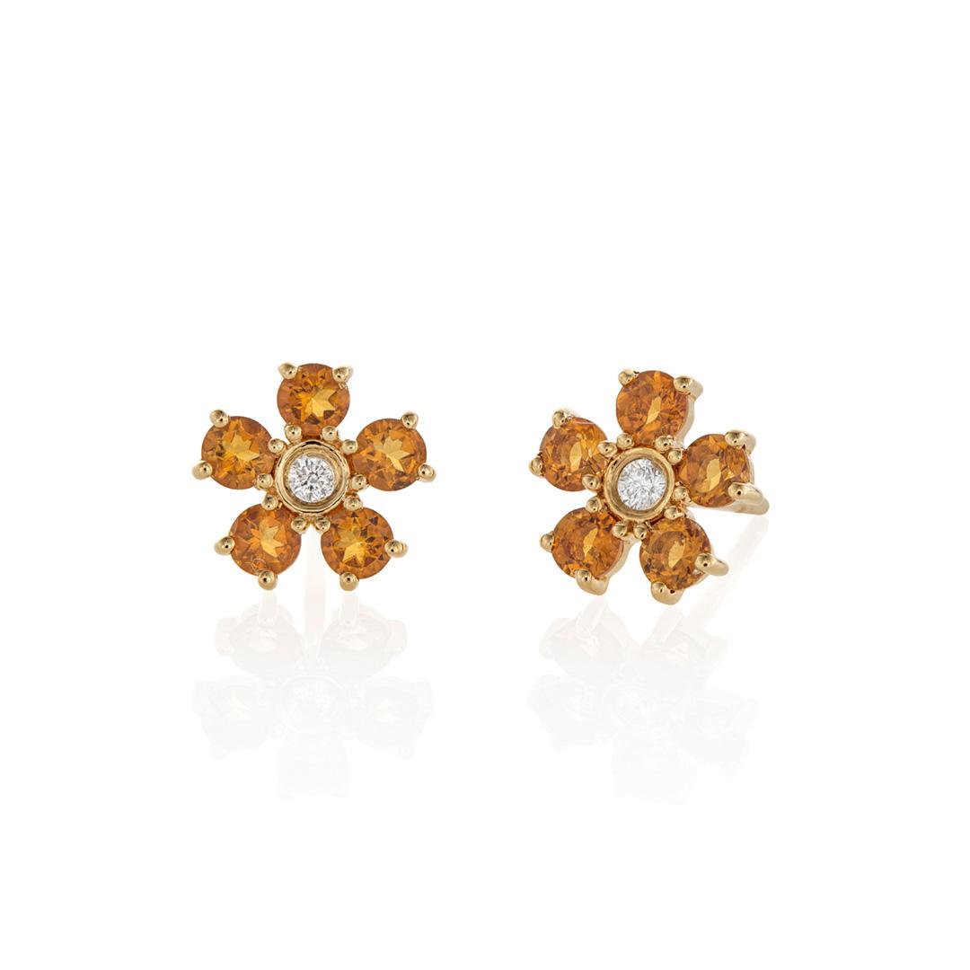 Citrine and Diamond Yellow Gold Flower Stud Earrings