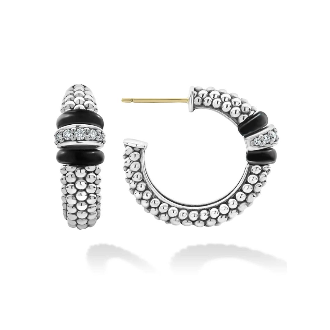Lagos Black Caviar Ceramic Caviar Diamond Hoop Earrings 0
