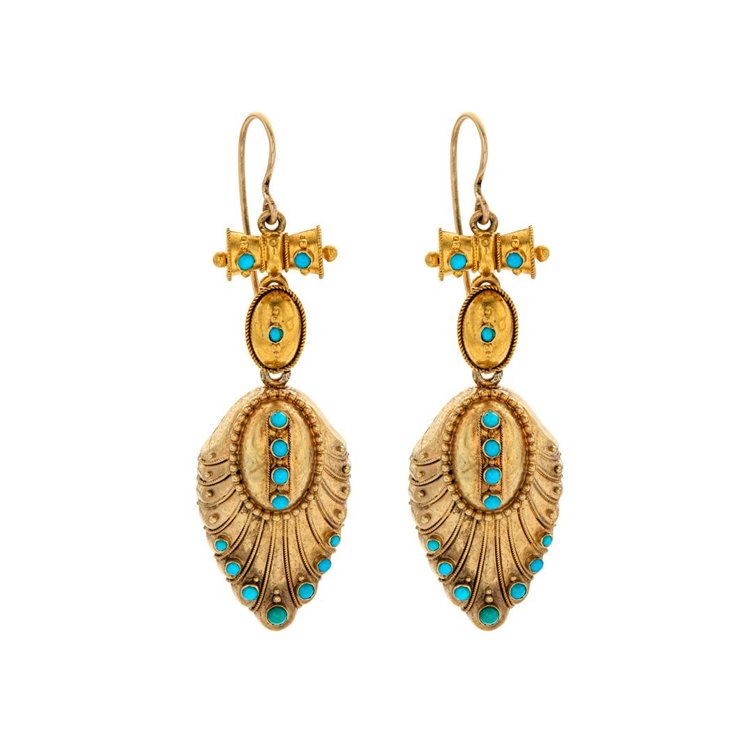 Estate Collection Yellow Gold and Turquoise Feather Earrings