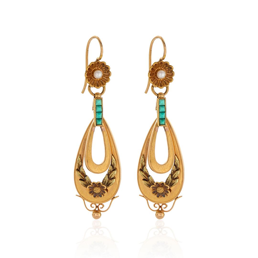 Estate Collection Floral Dangle Turquoise-Accented Earrings