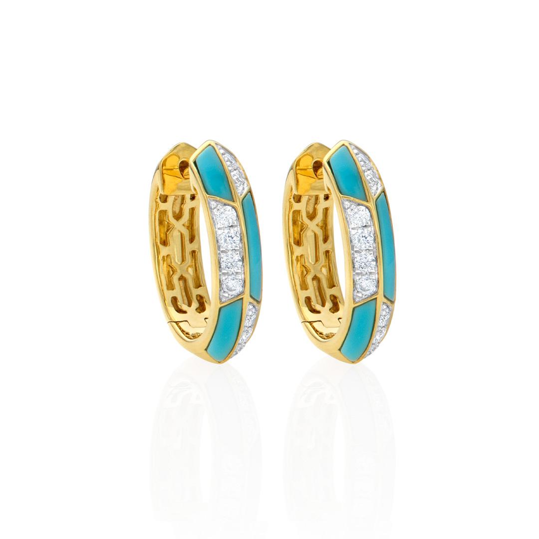 Turquoise and Diamond Yellow Gold Checkerboard Hoops