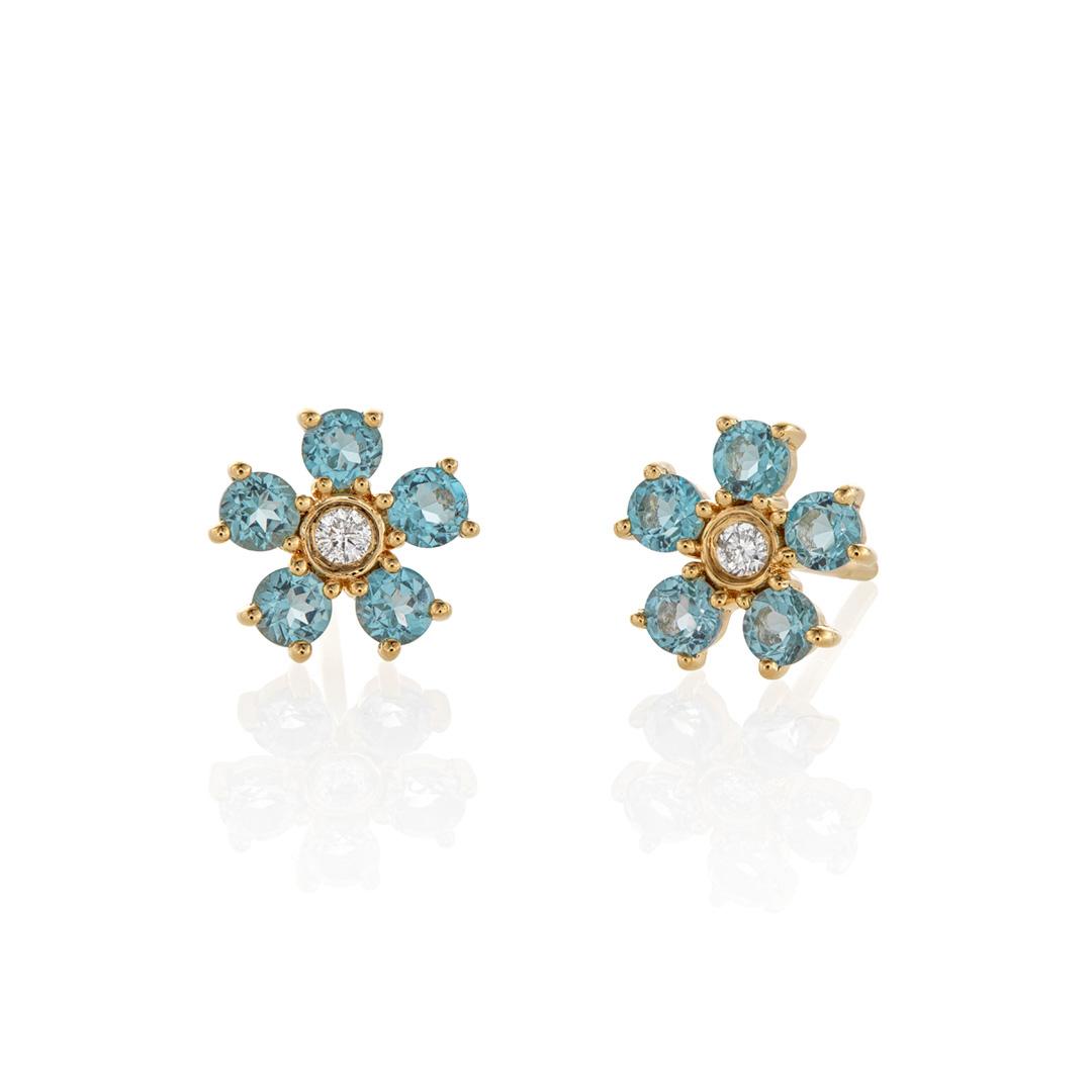 Blue Topaz and Diamond Yellow Gold Flower Stud Earrings