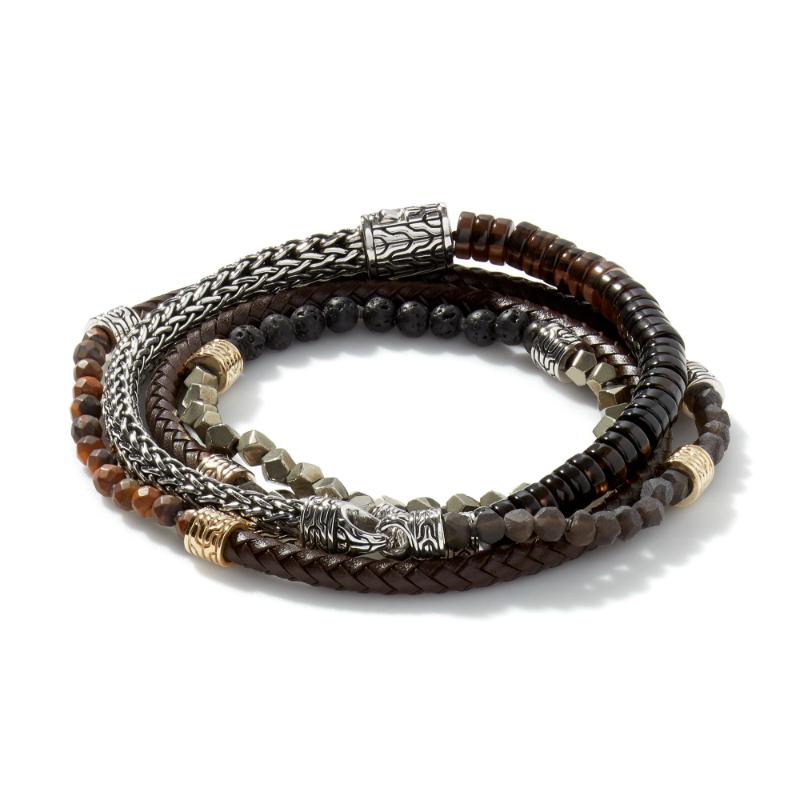 John Hardy Mens Classic Chain and Leather Wrap Bracelet