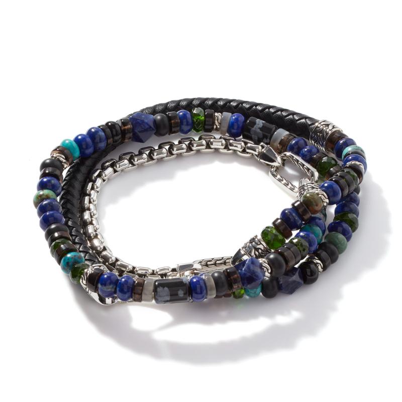 John Hardy Mens Classic Chain and Leather Wrap Bracelet with Lapis