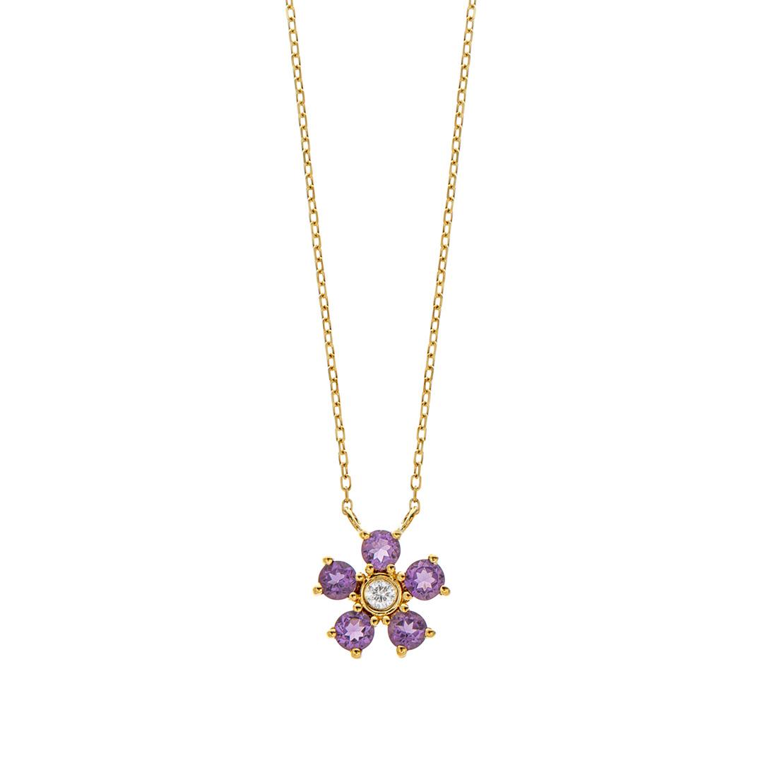 Amethyst and Diamond Yellow Gold Flower Pendant Necklace