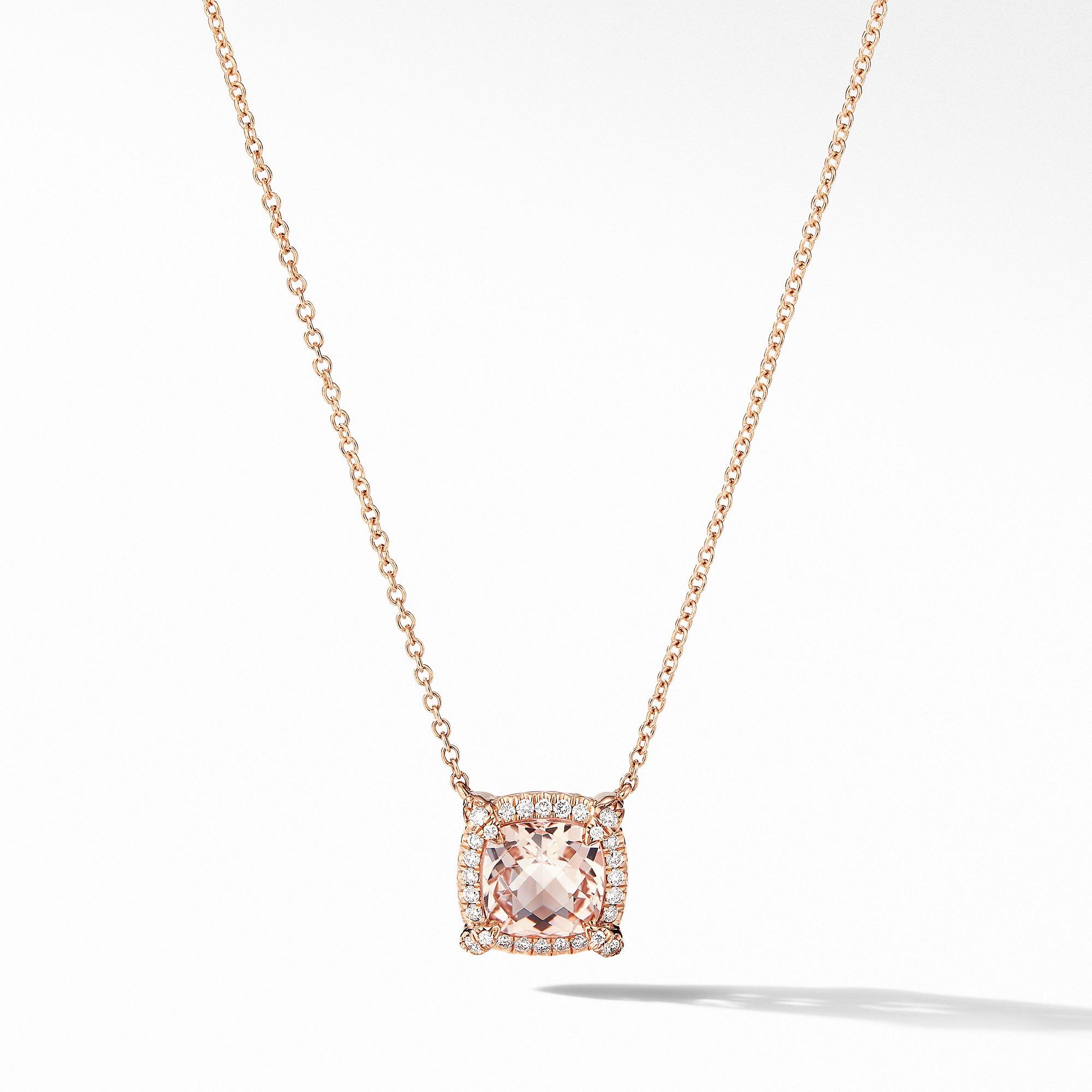 David Yurman Petite Chatelaine Pave Bezel Pendant Necklace in 18k Rose Gold with Morganite