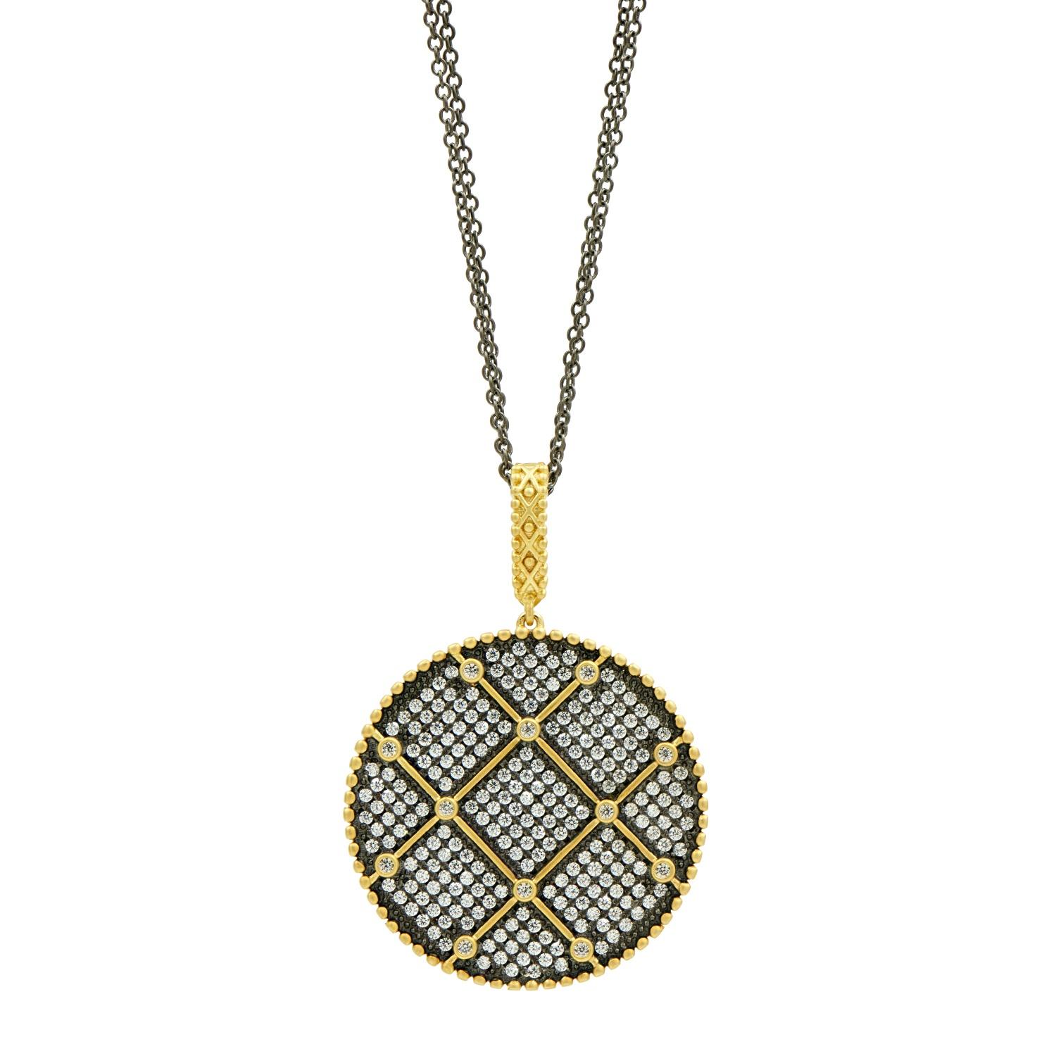 Freida Rothman Black and Gold Grid Large Disc Pendant Necklace
