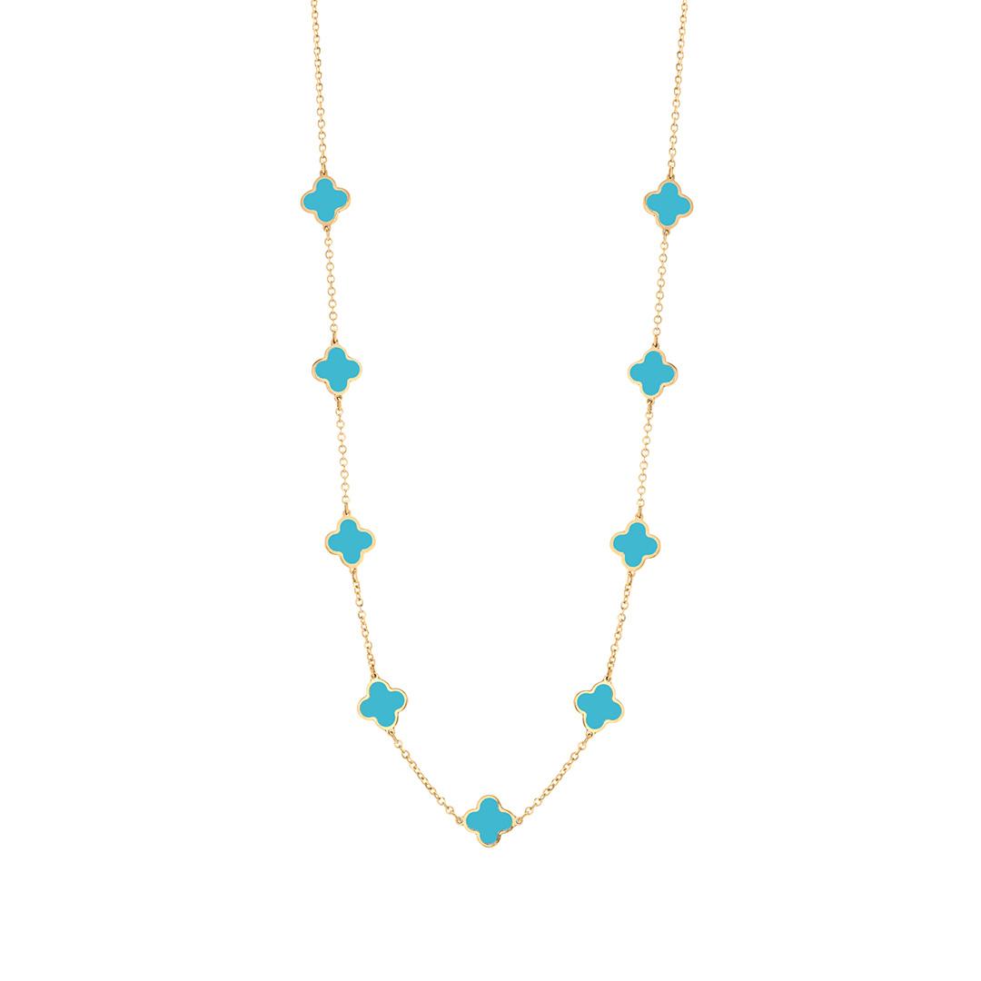 Clover Station Necklace in Yellow Gold with Turquoise