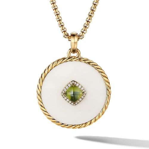 David Yurman DY Elements Disc Pendant in 18K Yellow Gold with Cacholong, Peridot and Pave Diamonds
