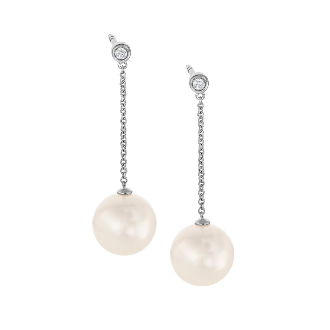 Freshwater Pearl and Diamond Chain Dangle Earrings
