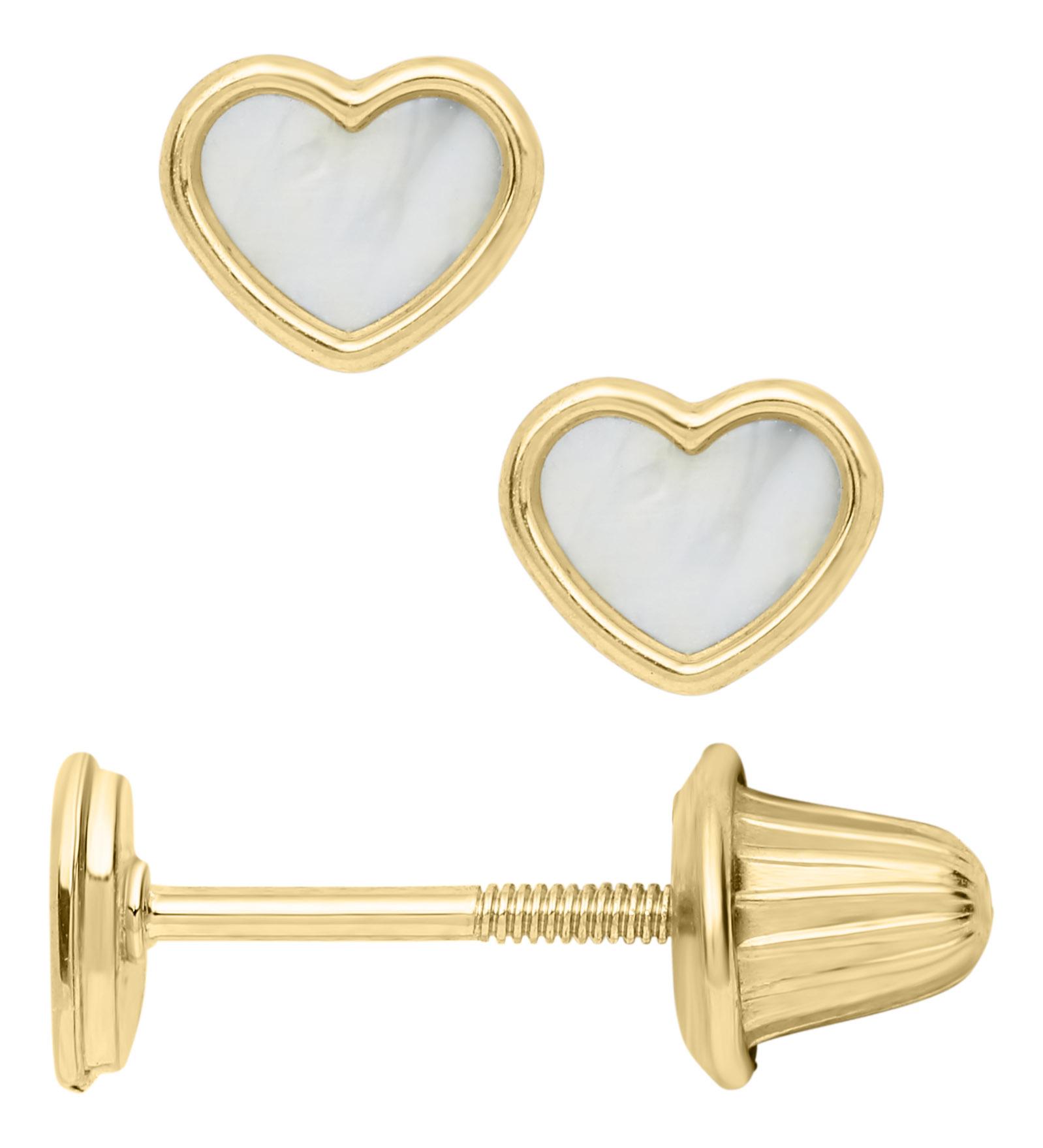 Child's Mother of Pearl Inset Heart Earrings in 14k Yellow Gold 1