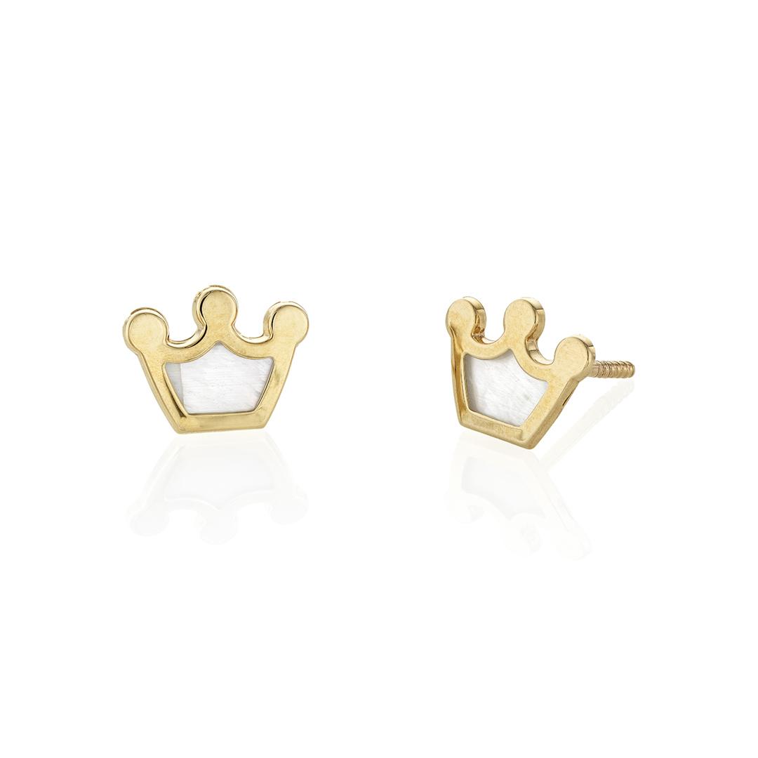 Child's Mother of Pearl Crown Earrings in 14k Yellow Gold