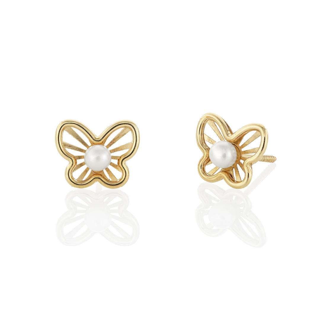 Child's 14k Yellow Gold Butterfly Earrings with Pearl