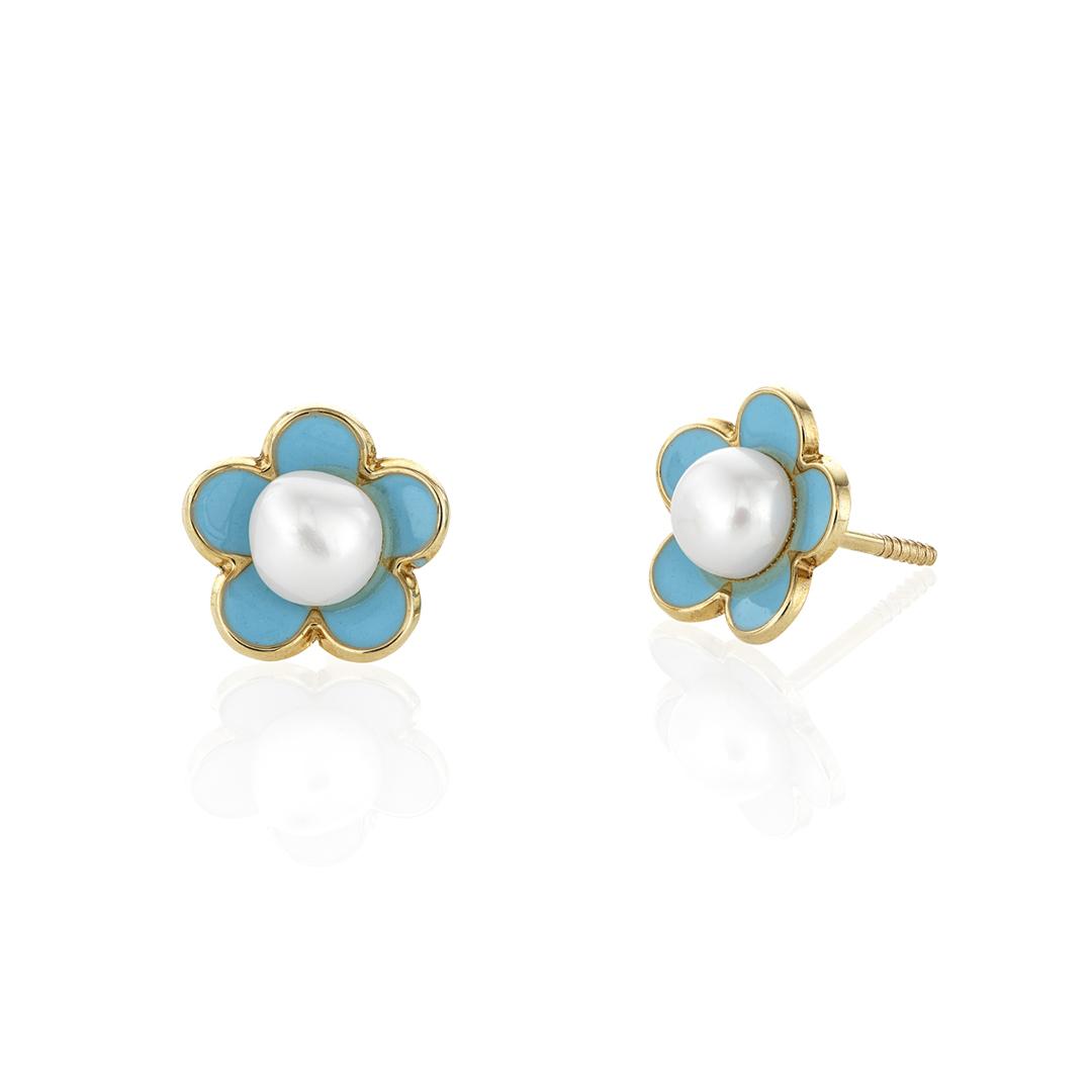 Child's Pearl and Blue Enamel Flower Earrings