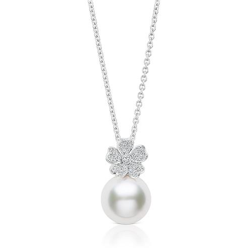 Mikimoto Cherry Blossom White South Sea Cultured Pearl and Diamond Pendant in White Gold