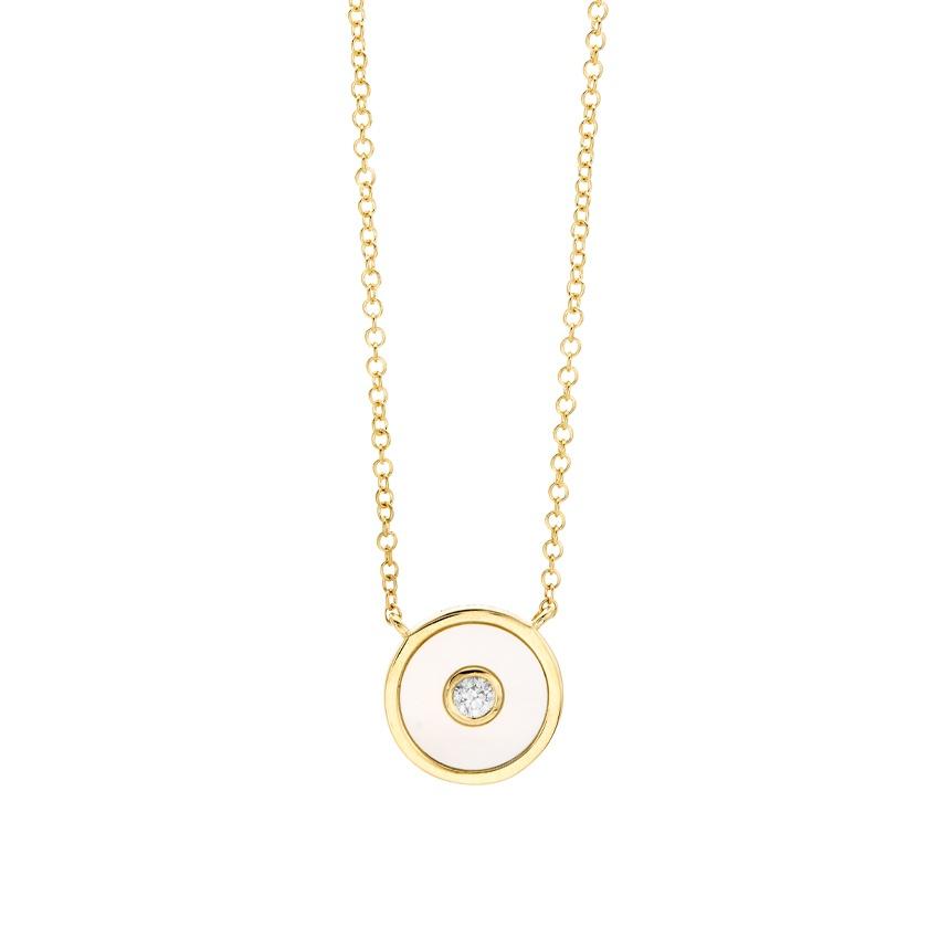 Yellow Gold Mother Of Pearl & Round Diamond Pendant Necklace