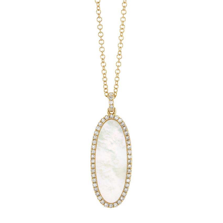 14K Yellow Gold Mother of Pearl and Pave Diamond Oval Necklace 0