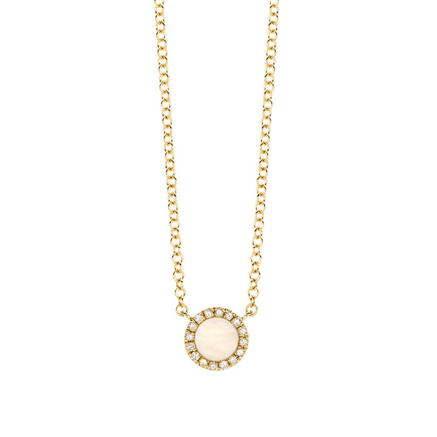 14K Yellow Gold Mother of Pearl and Pave Diamond Circle Necklace 0