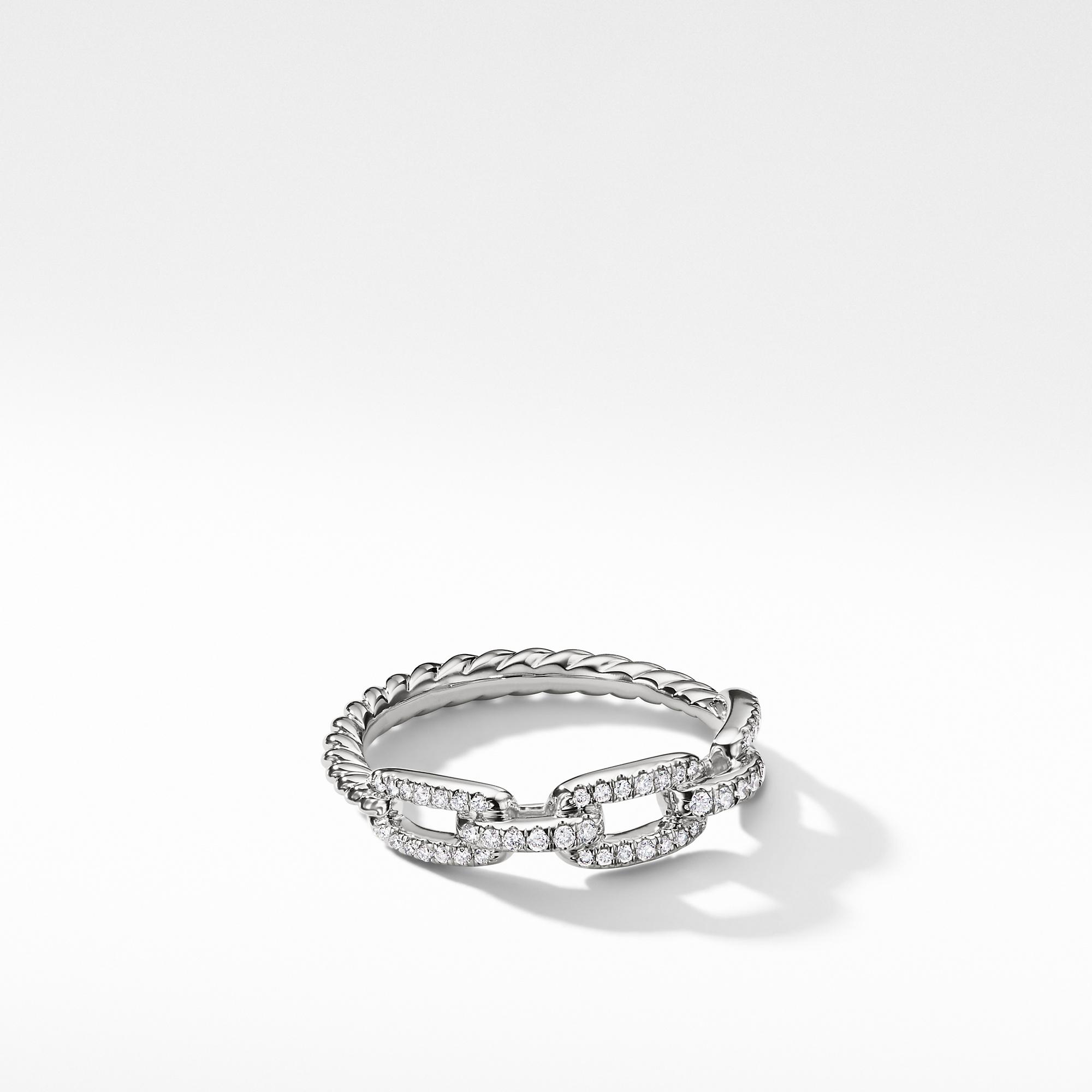David Yurman Stax Single Row Pave Chain Link Ring with Diamonds in White Gold, size 6