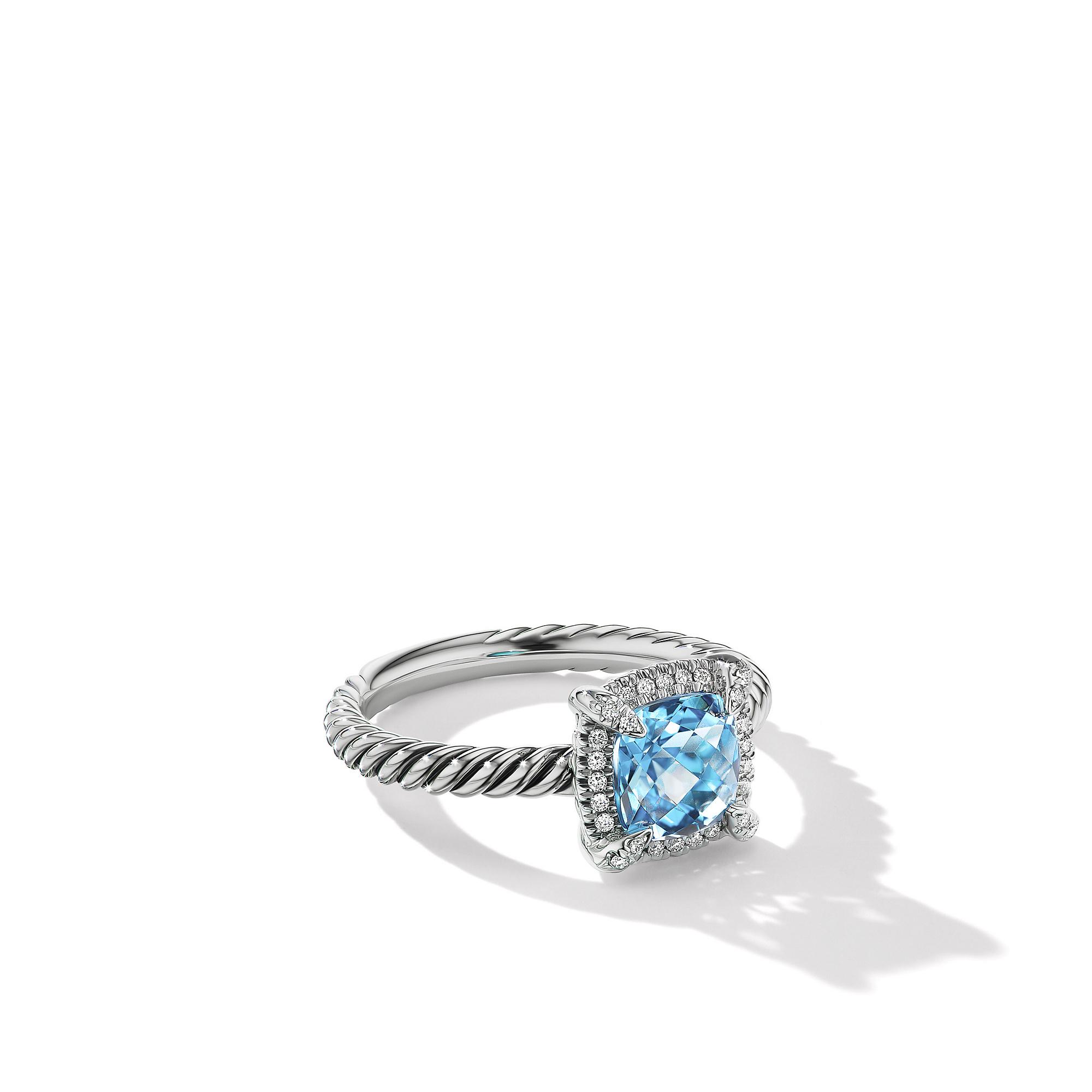 David Yurman Petite Chatelaine Pave Bezel Ring with Blue Topaz and Diamonds, size 5.5