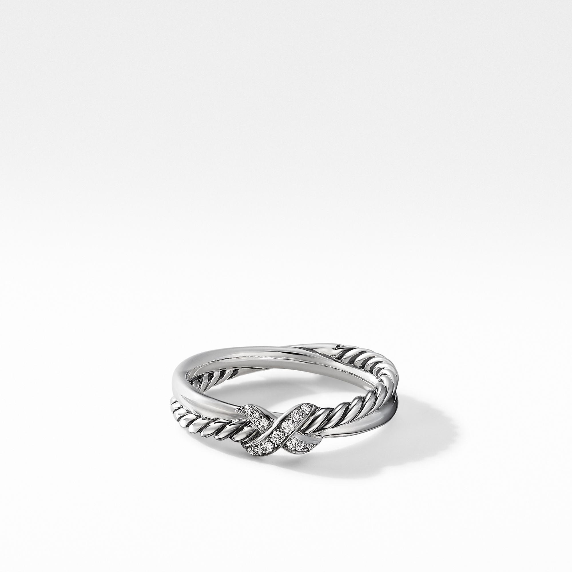 David Yurman Petite X Crossover Ring in Sterling Silver with Pave Diamonds, size 7