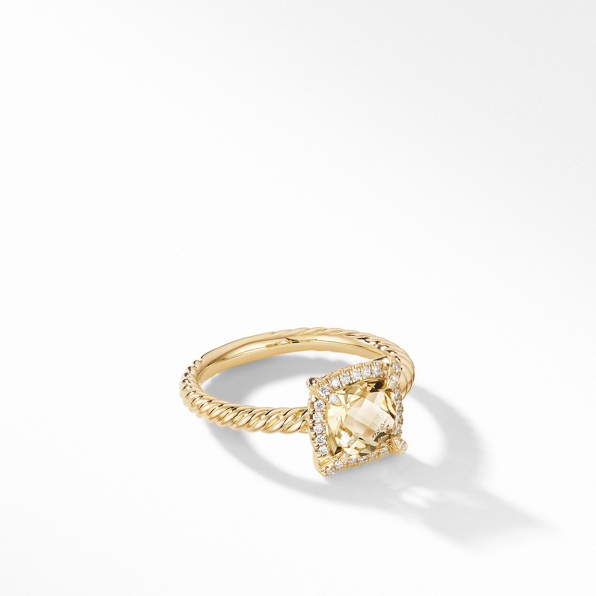 David Yurman Chatelaine Pave Bezel Ring in 18k Yellow Gold with Champagne Citrine, size 6.5