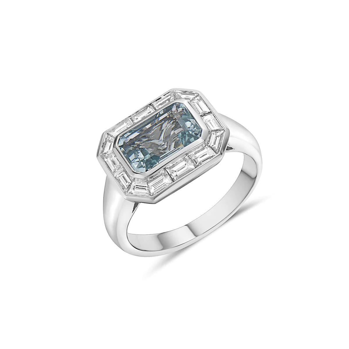 Charles Krypell Emerald Cut Aquamarine and Diamond Ring