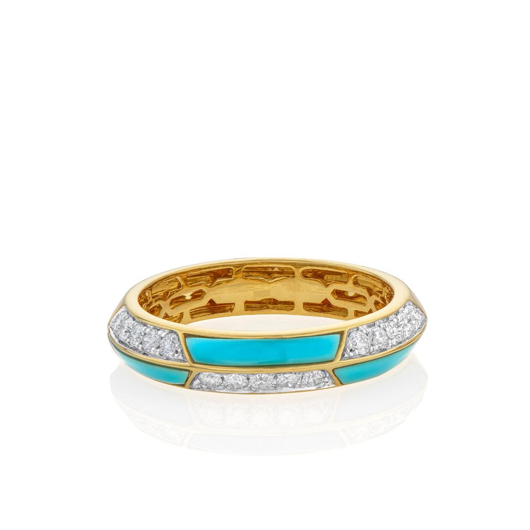 Turquoise and Diamond Yellow Gold Checkerboard Band 0