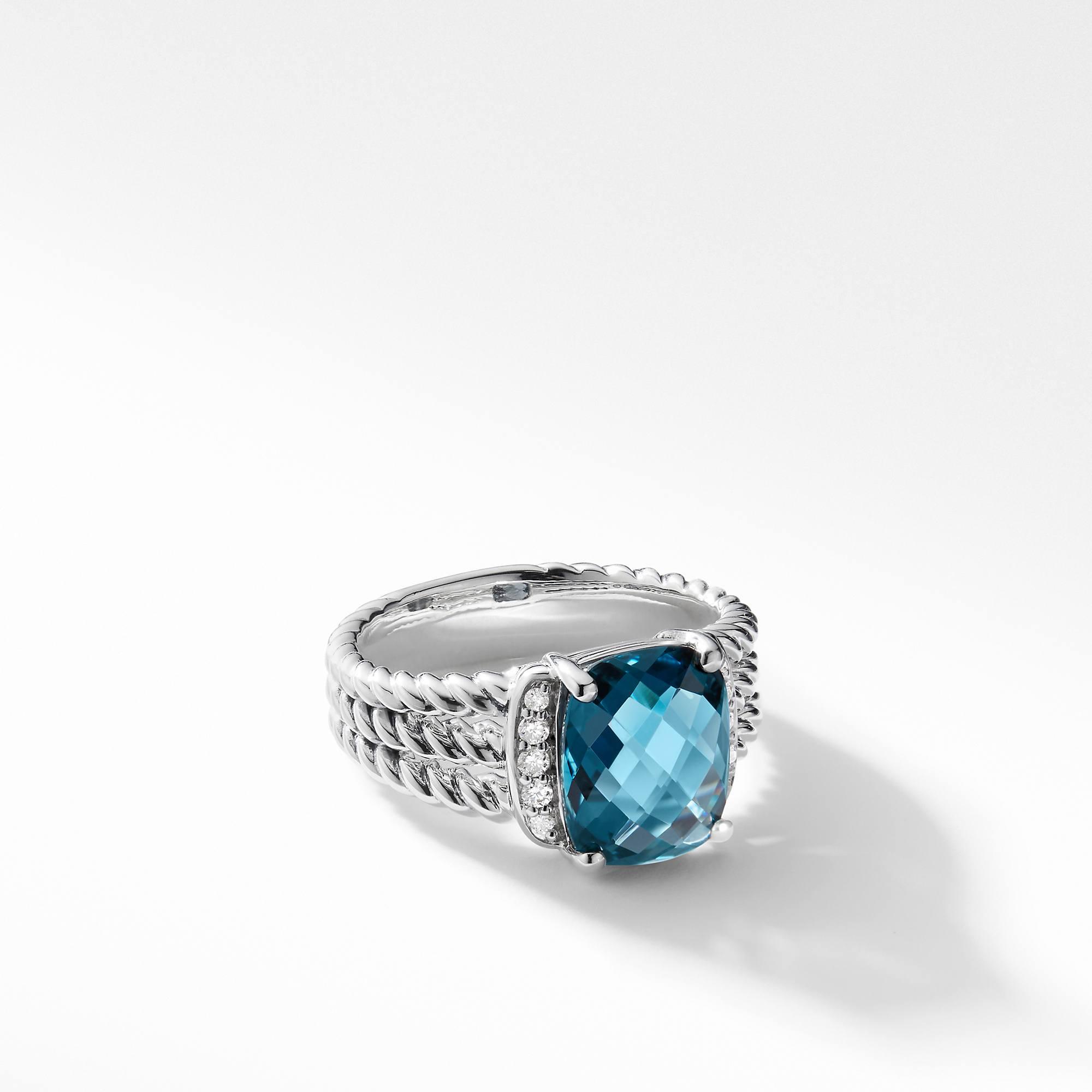David Yurman Petite Wheaton Ring with Hampton Blue Topaz and Diamonds, size 7
