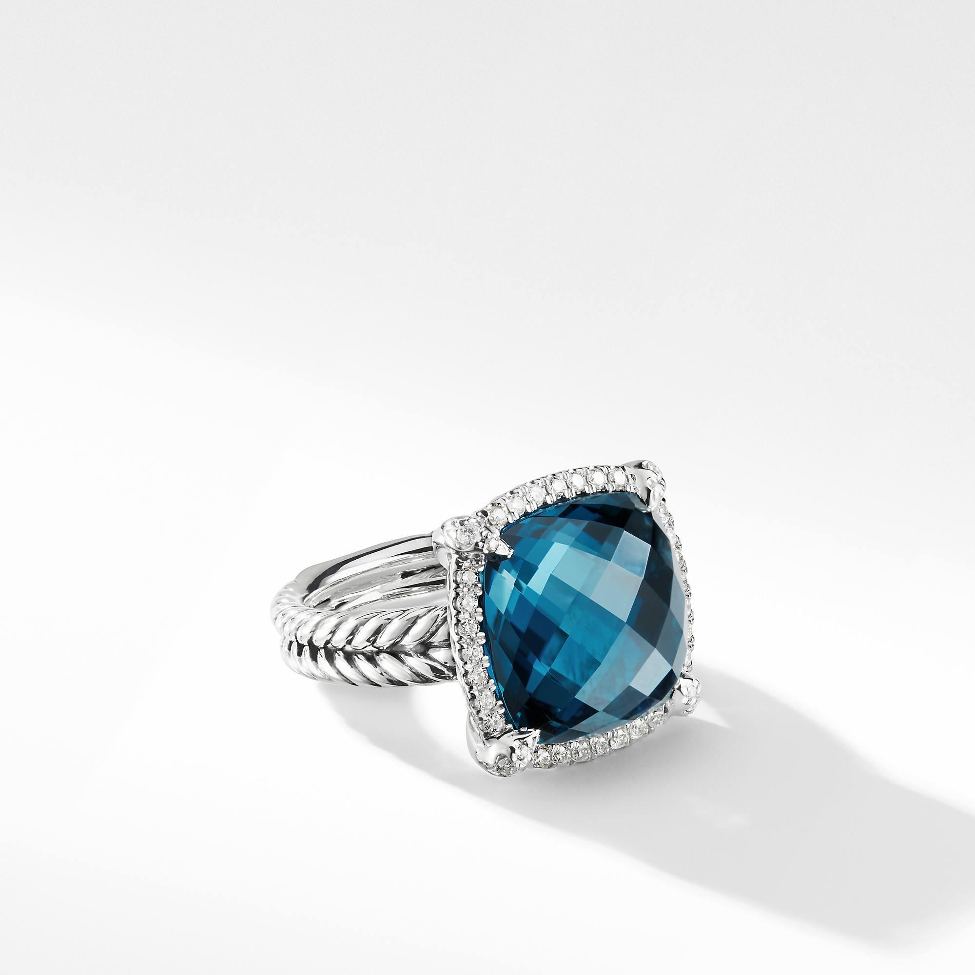 David Yurman Chatelaine Pave Bezel Ring with Hampton Blue Topaz and Diamonds, size 6