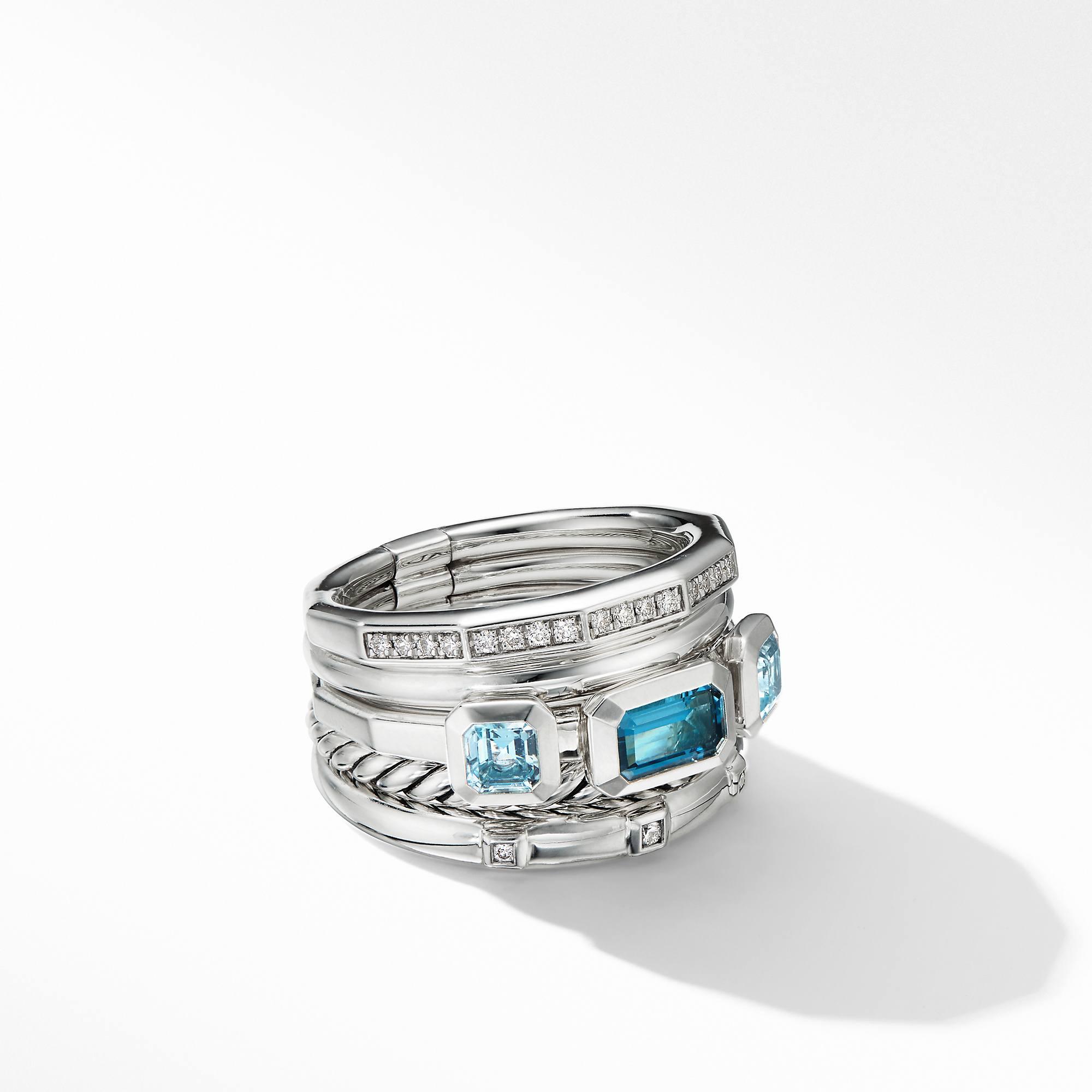 David Yurman Stax Wide Ring with Hampton Blue Topaz and Diamonds, size 7