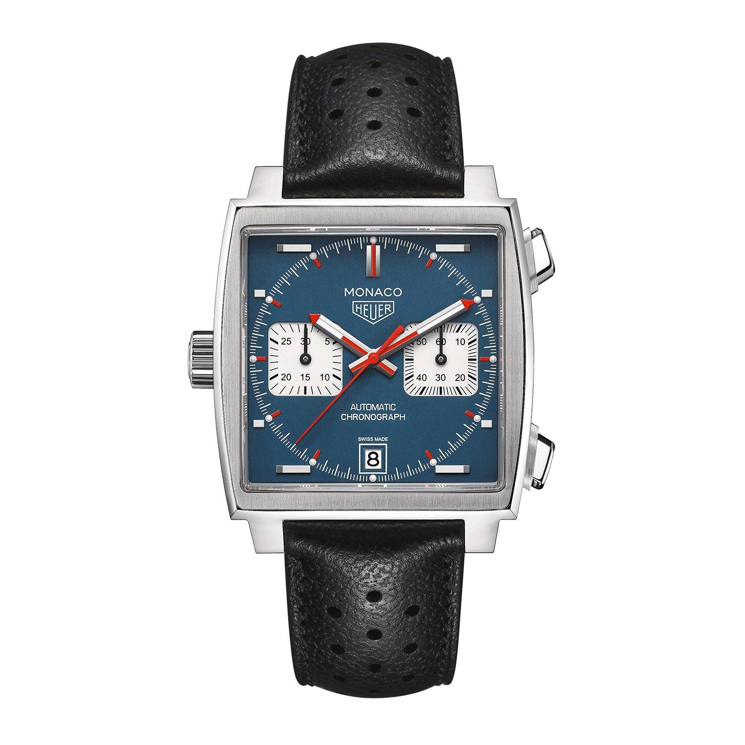 TAG Heuer Monaco Calibre 11 Automatic Watch with Perforated Black Leather Strap