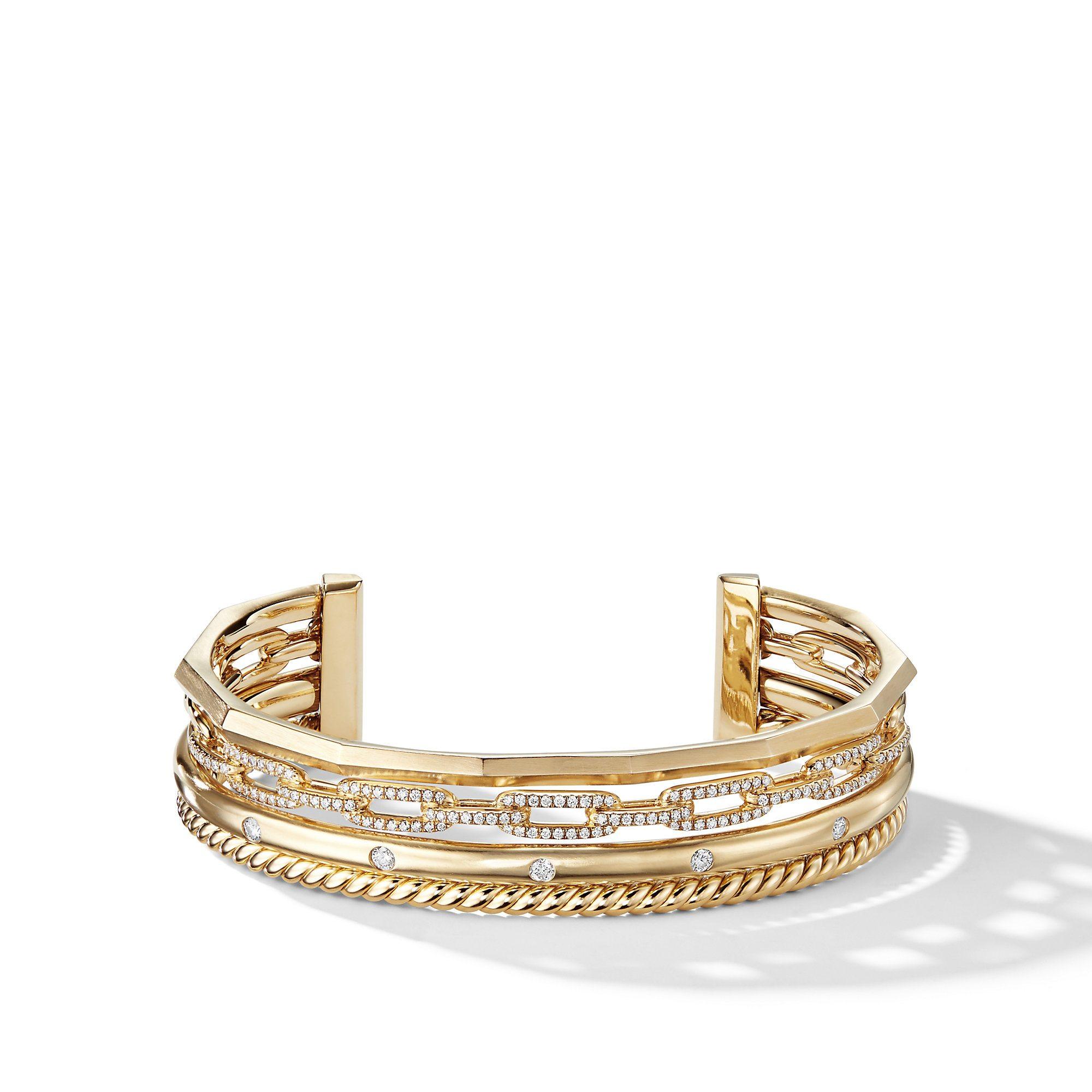David Yurman Stax medium Cuff Bracelet with Diamonds in 18k Gold, 14mm