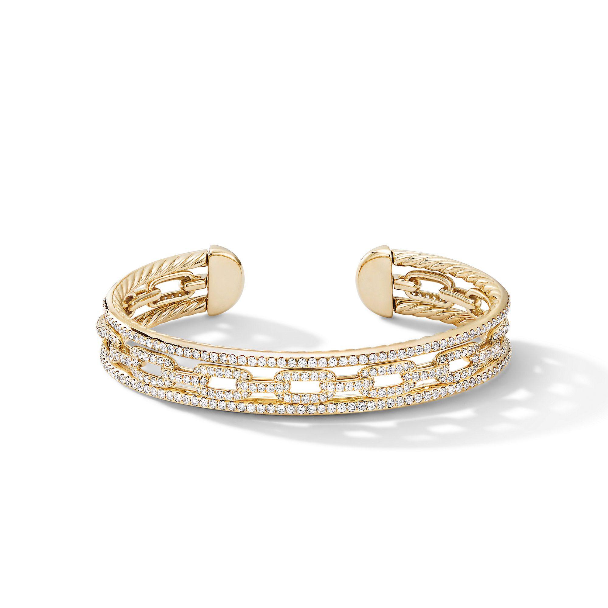 David Yurman Stax Three-Row Chain Link Bracelet in 18k Yellow Gold with Diamonds