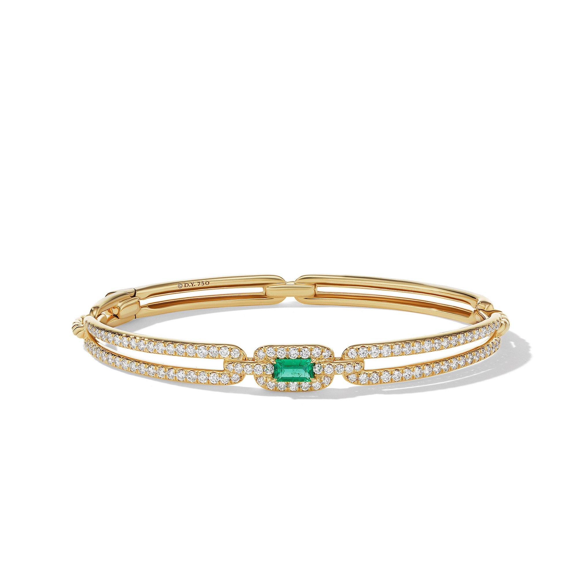 David Yurman Stax Single Link Bracelet in 18k Yellow Gold with Emerald and Pave Diamonds