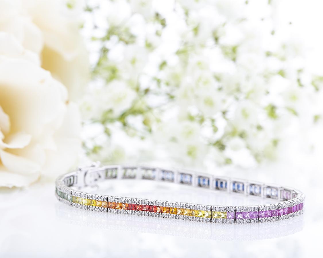 White Gold Multi-Colored Sapphire & Diamond Line Bracelet 1