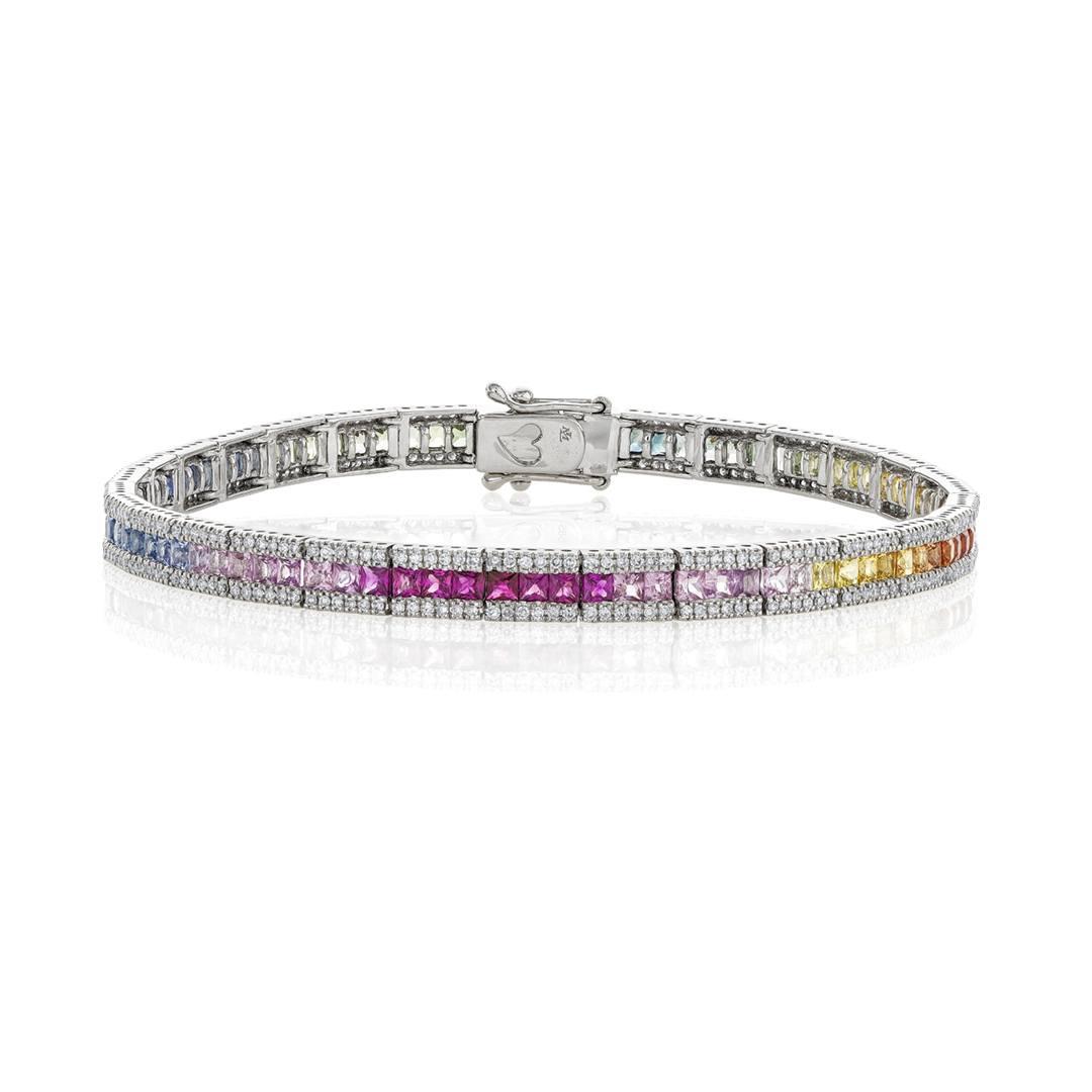 White Gold Multi-Colored Sapphire & Diamond Line Bracelet 0