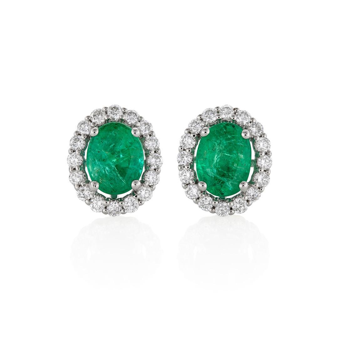 White & Yellow Gold 3.32ct Oval Emerald & Diamond Halo Earrings