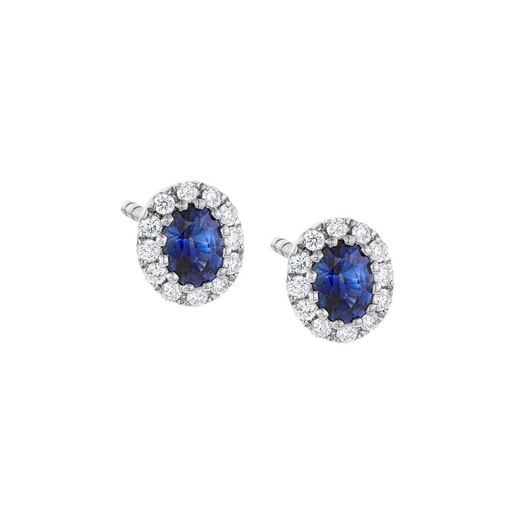 .43 CTW Oval Shaped Sapphire Post Earrings with Diamond Halo