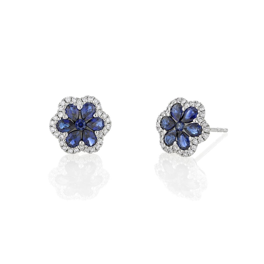 White Gold Sapphire & Diamond Flower Post Earrings