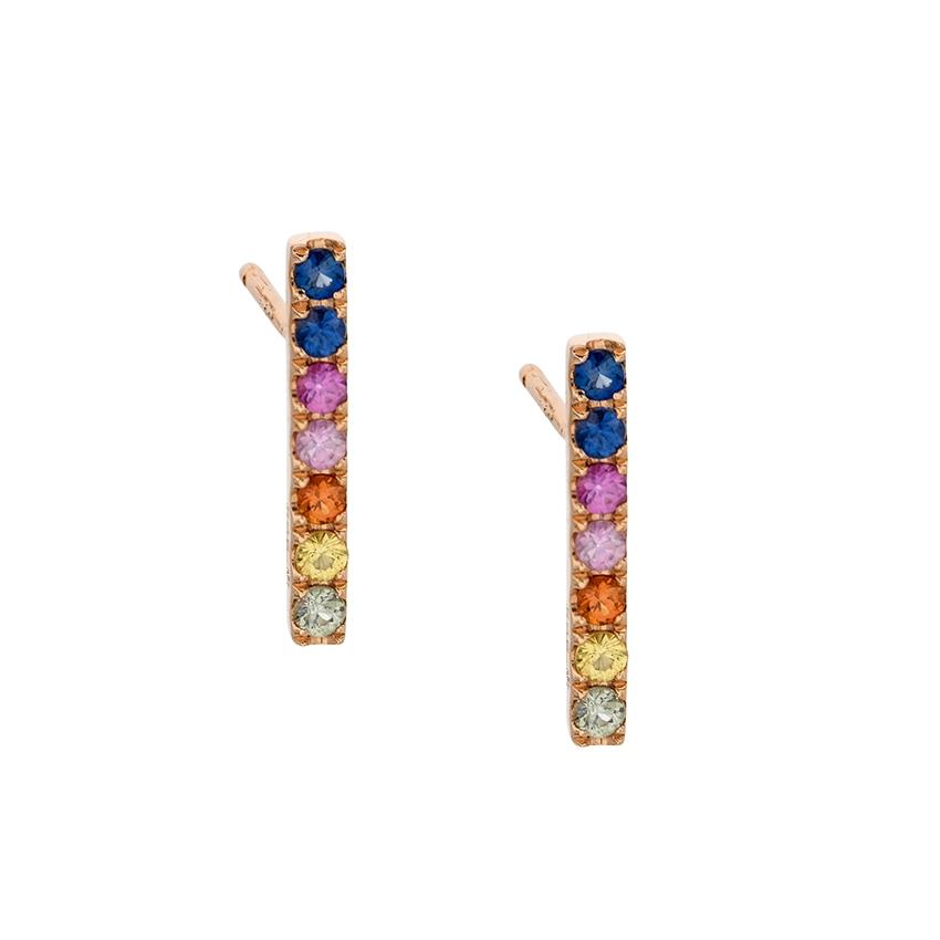 Rose Gold Sapphire Rainbow Bar Stud Earrings 0