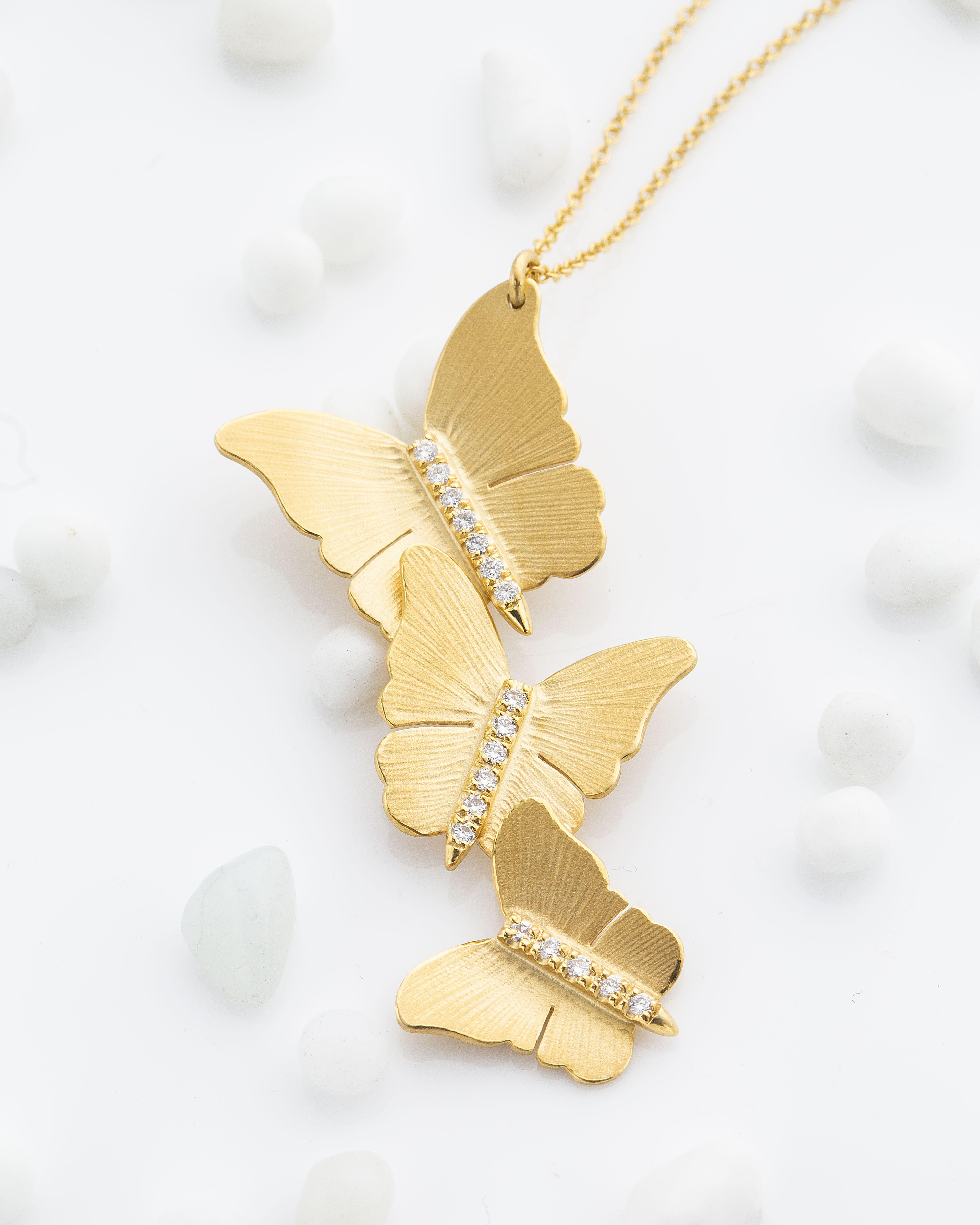 14k Yellow Gold Diamond Triple Butterfly Necklace 1