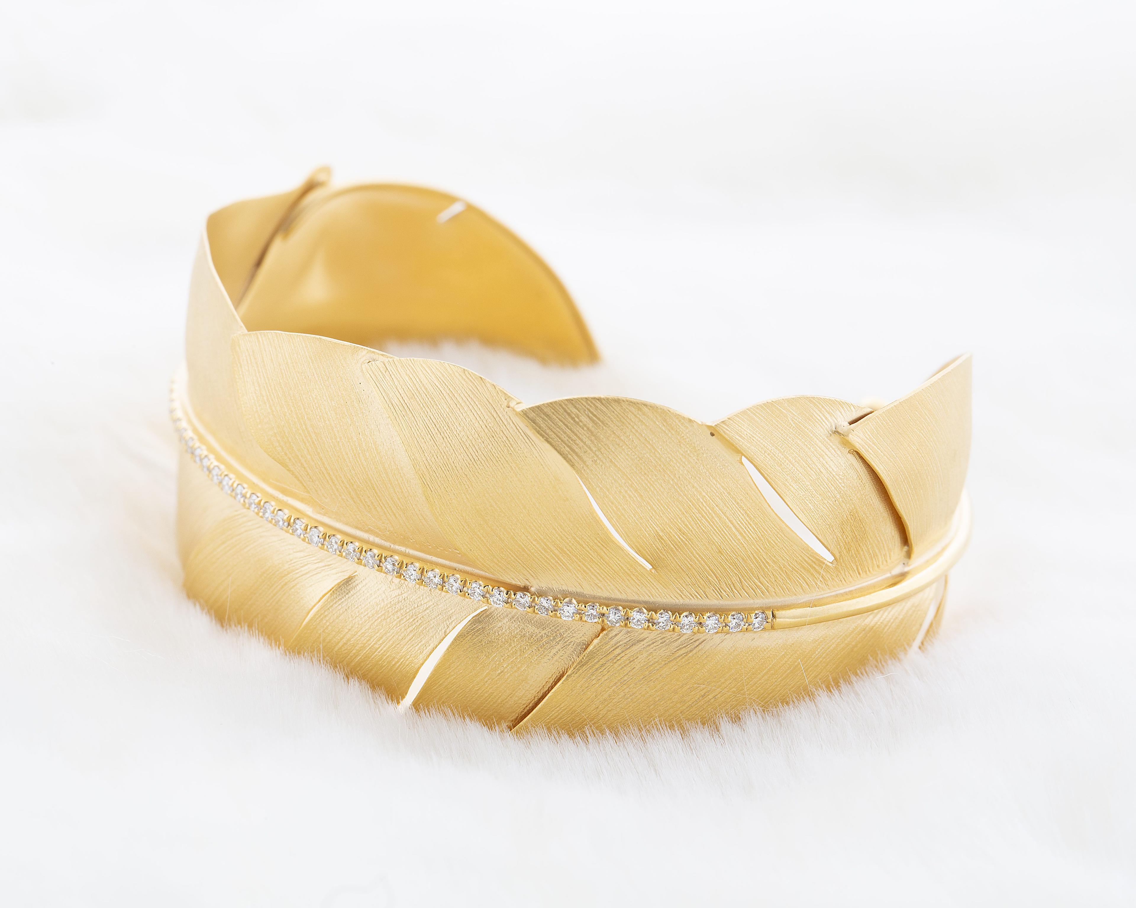 14k Yellow Gold Diamond Feather Wrap Cuff Bracelet 1