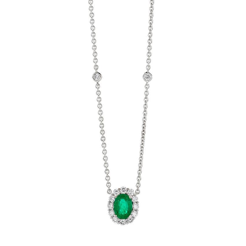 Oval Gemstone Pendant Necklace with Diamond Halo and Diamond Station Chain